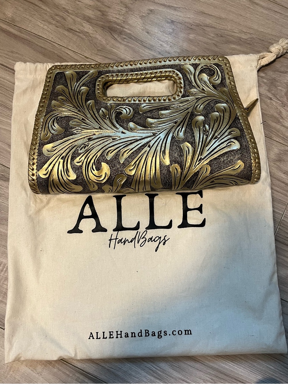ALLE Gold Leather Embossed Floral Clutch